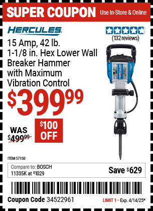 Harbor Freight Coupons, HF Coupons, 20% off - HERCULES 15 Amp, 42 lb., 1-1/8 in. Hex Lower Wall Breaker Hammer with Maximum Vibration Control for $399.99