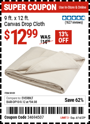 Harbor Freight Coupons, HF Coupons, 20% off - 9 Ft. X 12 Ft. Canvas Drop Cloth