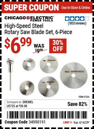 Harbor Freight Coupons, HF Coupons, 20% off - 6 Piece High Speed Rotary Saw Blade Set