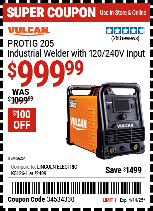 Harbor Freight Coupons, HF Coupons, 20% off - Vulcan Protig 205 Industrial Welder With 120/240 Volt Input