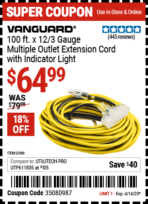 Harbor Freight Coupons, HF Coupons, 20% off - 100 ft. x 12 Gauge Multi-Outlet Extension Cord with Indicator Light