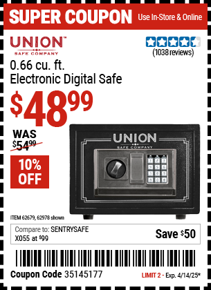 Harbor Freight Coupons, HF Coupons, 20% off - UNION SAFE COMPANY 0.71 cu. ft. Electronic Digital Safe for $49.99