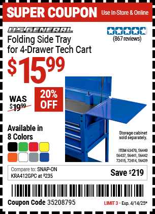 Harbor Freight Coupons, HF Coupons, 20% off - 4 Drawer Tech Cart Folding Side Trays