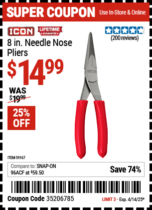 Harbor Freight Coupons, HF Coupons, 20% off - ICON 8 in. Needle Nose Pliers for $14.99