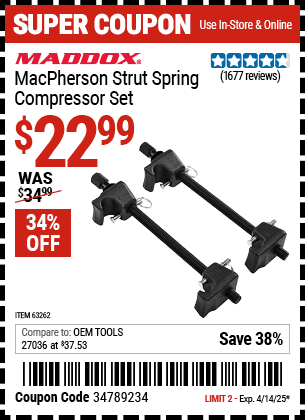 Harbor Freight Coupons, HF Coupons, 20% off - Macpherson Strut Spring Compressor Set