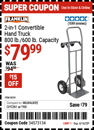 Harbor Freight Coupons, HF Coupons, 20% off - FRANKLIN 2-in-1 Convertible Hand Truck for $89.99