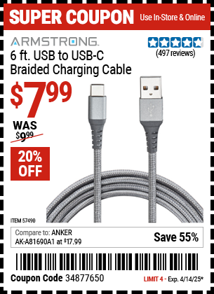 Harbor Freight Coupons, HF Coupons, 20% off - 6 ft. USB to USB-C Braided Charging Cable