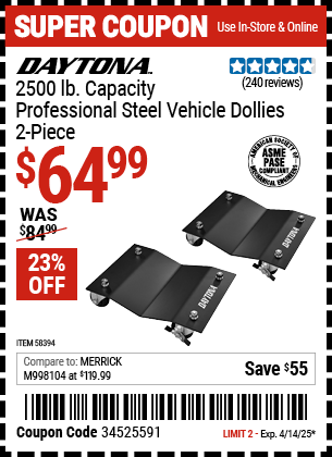 Harbor Freight Coupons, HF Coupons, 20% off - DAYTONA 2500 lb. Capacity Professional Steel Vehicle Dollies, 2-Piece for $69.99