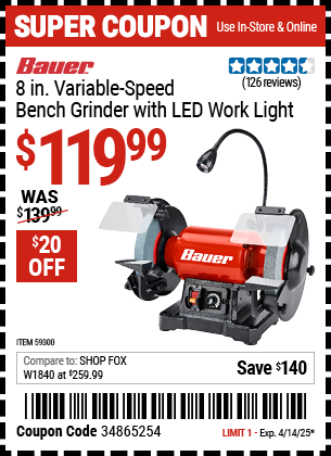 Harbor Freight Coupons, HF Coupons, 20% off - BAUER 8 in. Variable-Speed Bench Grinder with LED Work Light for $119.99