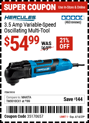 Harbor Freight Coupons, HF Coupons, 20% off - HERCULES 3.5 Amp Variable Speed Oscillating Multi-Tool for $59.99