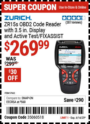 Harbor Freight Coupons, HF Coupons, 20% off - ZURICH ZR15s OBD2 Code Reader with 3.5 in. Display and Active Test/FixAssist for $259.99