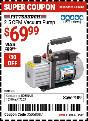 Harbor Freight Coupons, HF Coupons, 20% off - 2.5 Cfm Vacuum Pump
