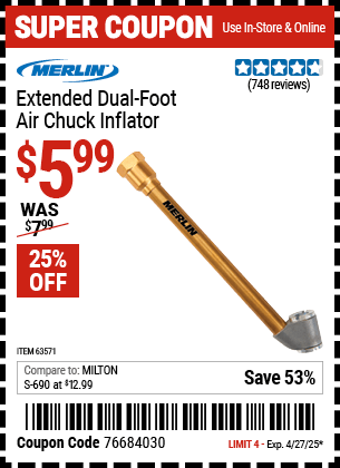 Harbor Freight Coupons, HF Coupons, 20% off - Extended Dual Foot Air Chuck Inflator