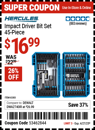 Harbor Freight Coupons, HF Coupons, 20% off - Hercules 45 Piece Impact Drill And Driver Bit Set