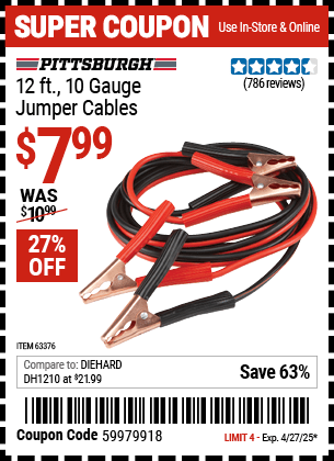 Harbor Freight Coupons, HF Coupons, 20% off - 12 Ft., 10 Gauge Booster Cables