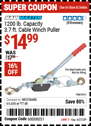 Harbor Freight Coupons, HF Coupons, 20% off - 1200 Lb. Capacity Cable Winch Puller