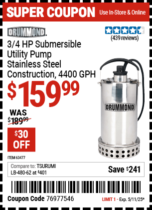 Harbor Freight Coupons, HF Coupons, 20% off - 3/4 Hp Submersible Utility Pump