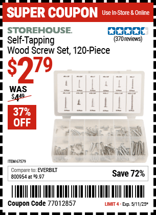 Harbor Freight Coupons, HF Coupons, 20% off - 120 Piece Self-tapping Wood Screw Set