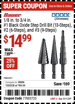 Harbor Freight Coupons, HF Coupons, 20% off - 3 Piece M2 Steel Black Oxide Step Bits