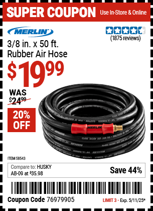 Harbor Freight Coupons, HF Coupons, 20% off - MERLIN 3/8 in. x 50 ft. Rubber Air Hose 