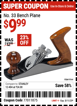 Harbor Freight Coupons, HF Coupons, 20% off - No. 33 Bench Plane
