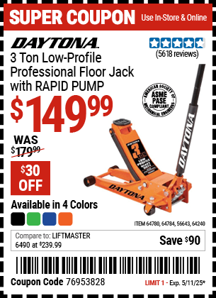 Harbor Freight Coupons, HF Coupons, 20% off - Daytona Rapid Pump 3 Ton Steel Low Profile Floor Jacks