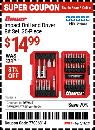Harbor Freight Coupons, HF Coupons, 20% off - 35 Piece Impact Drill And Driver Bit Set