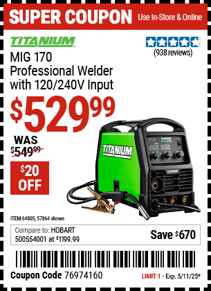 Harbor Freight Coupons, HF Coupons, 20% off - Titanium Mig 170 Welder