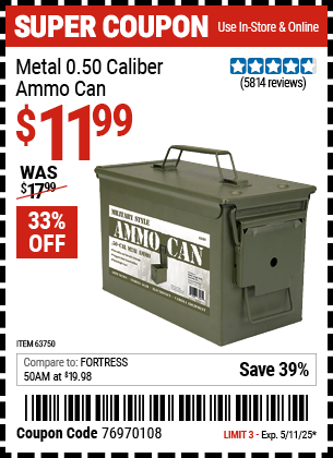 Harbor Freight Coupons, HF Coupons, 20% off - .50 Cal Metal Ammo Can