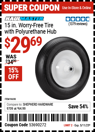 Harbor Freight Coupons, HF Coupons, 20% off - 15 in. Worry Free Tire with Polyurethane Hub