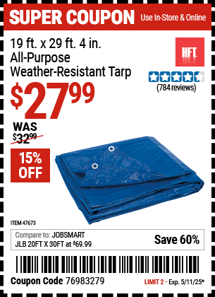 Harbor Freight Coupons, HF Coupons, 20% off - 19 ft. x 29 ft. 4 in. Blue All Purpose/Weather Resistant Tarp