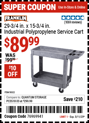 Harbor Freight Coupons, HF Coupons, 20% off - FRANKLIN 30 in. x 16 in. Industrial Polypropylene Service Cart for $79.99