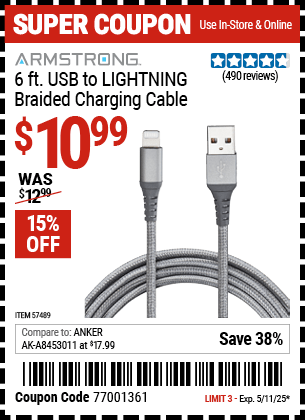 Harbor Freight Coupons, HF Coupons, 20% off - 6 ft. USB to LIGHTNING Braided Charging Cable