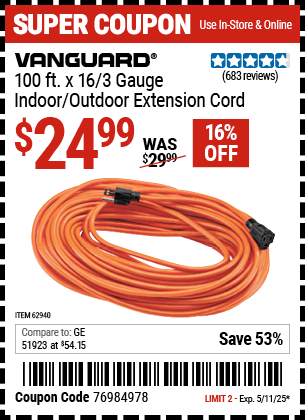 Harbor Freight Coupons, HF Coupons, 20% off - 100 Ft X 16 Gauge Outdoor Extension Cord