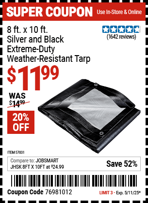 Harbor Freight Coupons, HF Coupons, 20% off - 8 ft. x 10 ft. Silver & Black Extreme Duty Weather Resistant Tarp
