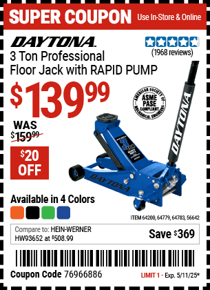 Harbor Freight Coupons, HF Coupons, 20% off - Daytona 3 Ton Heavy Duty Floor Jack