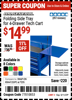 Harbor Freight Coupons, HF Coupons, 20% off - 4 Drawer Tech Cart Folding Side Trays