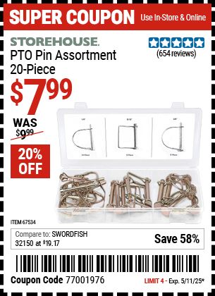 Harbor Freight Coupons, HF Coupons, 20% off - 20 Piece Pto Pin Assortment