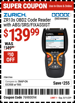 Harbor Freight Coupons, HF Coupons, 20% off - ZR13S OBD2 Code Reader with ABS/SRS/FixAssistxc2xae