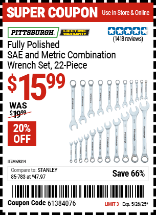 Harbor Freight Coupons, HF Coupons, 20% off - 22 Piece Fully Polished Sae & Metric Combination Wrench Set