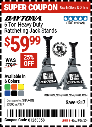 Harbor Freight Coupons, HF Coupons, 20% off - DAYTONA 6 Ton Heavy Duty Ratcheting Jack Stands 