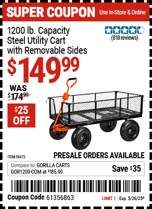 Harbor Freight Coupons, HF Coupons, 20% off - HFT 1200 lb. Capacity Steel Utility Cart with Sides 