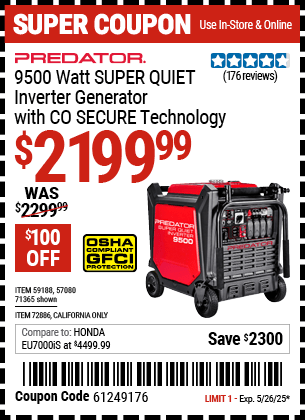 Harbor Freight Coupons, HF Coupons, 20% off - PREDATOR 9500 Watt SUPER QUIET Inverter Generator with CO SECURE Technology 
