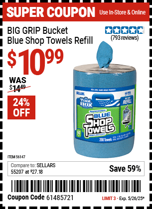 Harbor Freight Coupons, HF Coupons, 20% off - Toolbox Big Grip Bucket Blue Shop Towels Refill