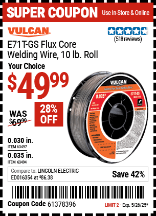 Harbor Freight Coupons, HF Coupons, 20% off - 0.030 in. E71T-GS Flux Core Welding Wire, 10.00 lb. Roll