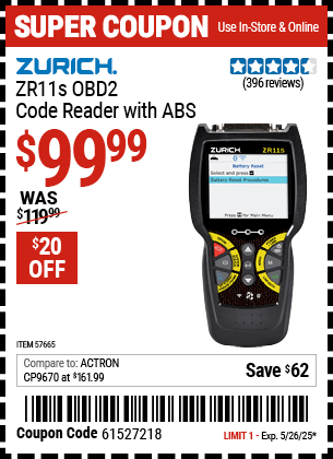 Harbor Freight Coupons, HF Coupons, 20% off - ZURICH ZR11S OBD2 Code Reader with ABS 