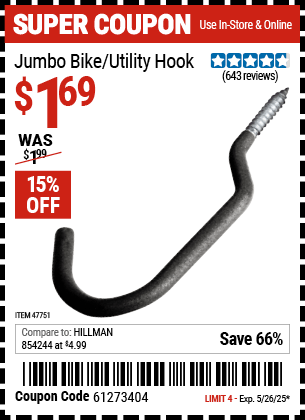 Harbor Freight Coupons, HF Coupons, 20% off - Jumbo Bike/utility Hook