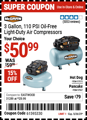 Harbor Freight Coupons, HF Coupons, 20% off - 3 Gallon 1/3 HP 110 PSI Oil-Free Pancake Air Compressor