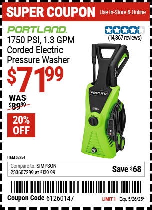 Harbor Freight Coupons, HF Coupons, 20% off - 1750 Psi Electric Pressure Washer