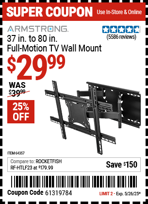 Harbor Freight Coupons, HF Coupons, 20% off - ARMSTRONG 37 in. to 80 in. Full-Motion TV Wall Mount for $39.99